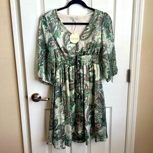 NWT Chenault Paisley‎ Dress Green Midi 3/4 Sleeve Drawstring Waist Size S